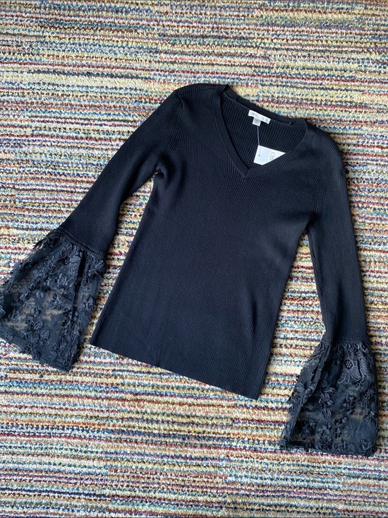 Cato Tops - Cato Black V-Neck Ribbed Top with Lace Bell Sleeves M